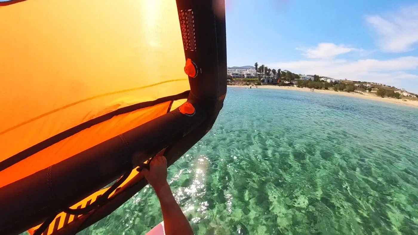 View from the wing over New Golden Beach Paros